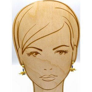 Vintage Gold Tone Elephant Earrings, Dangle Drop with Blue Beads and Lucky Trunk